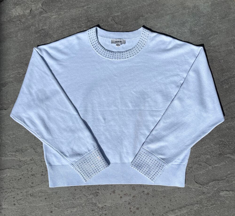 Jason Wu Rhinestone Embellished Knit Sweater Light Blue Crewneck Women's Size L